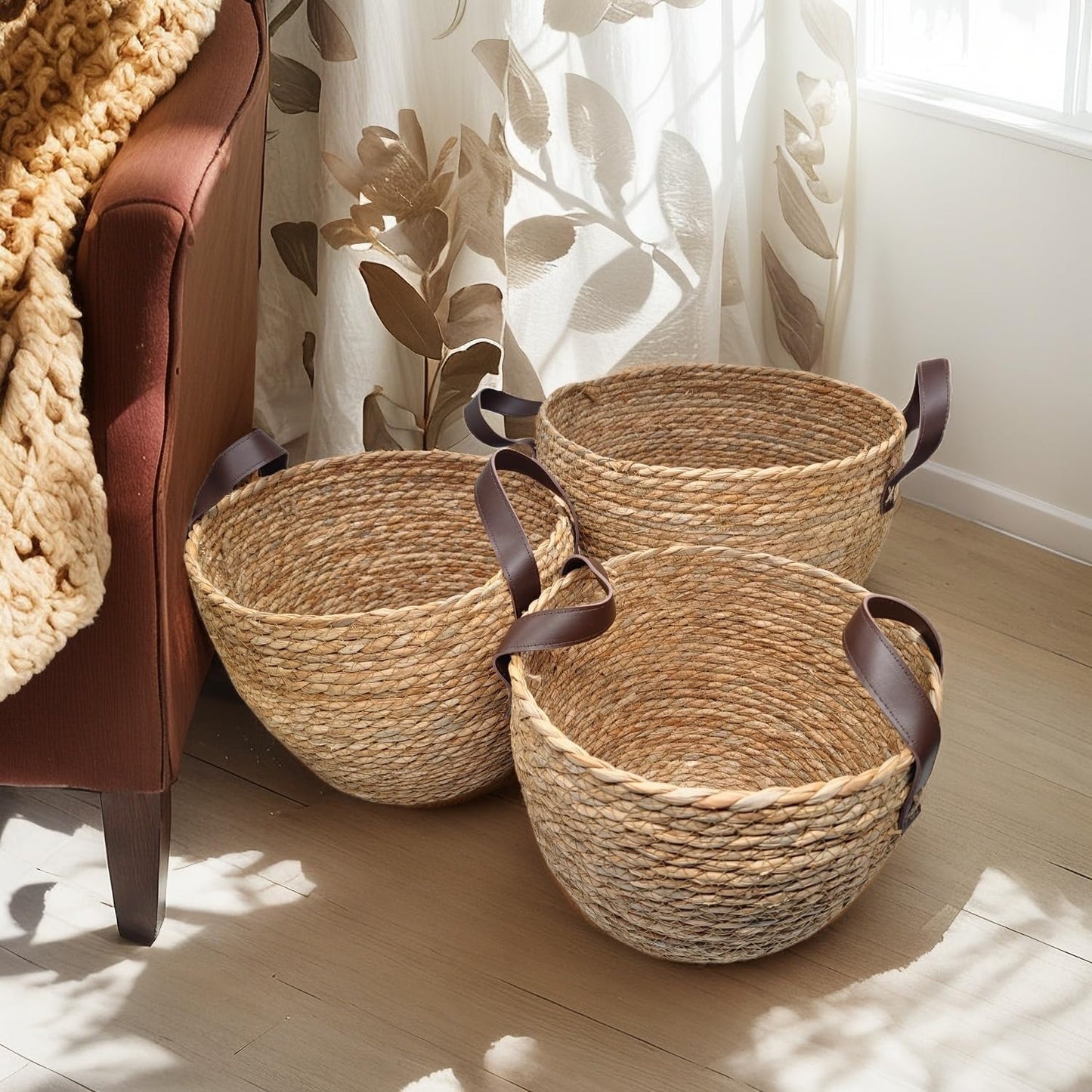 GIB Round Wicker Woven Seagrass Storage Baskets with Leather Handles Set of 3, Natural Decorative Braided Rope Wicker Baskets Bins for Shelves Blankets Organizing, 13", 12" & 11"