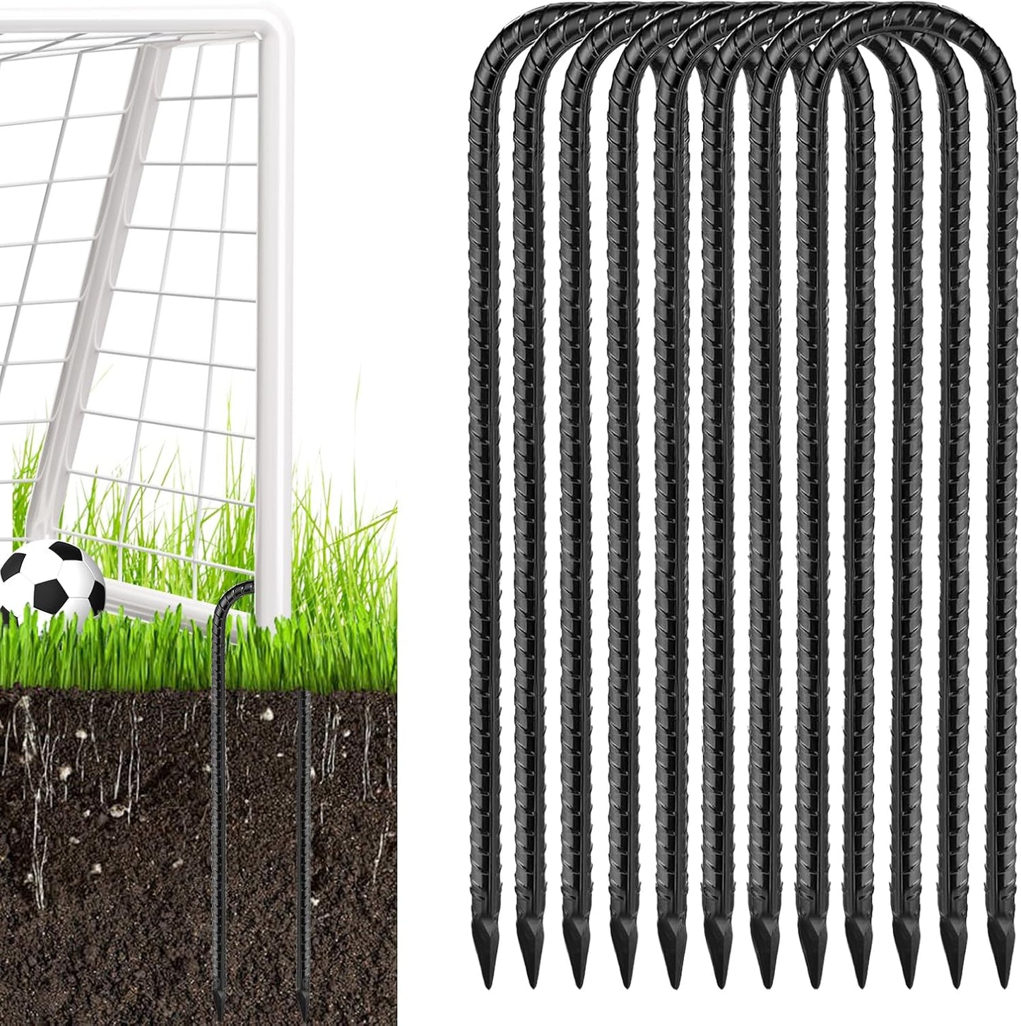 Black Trampoline Stakes Anchors High Wind 16inx10mm Galvanized U Hook 8pcs Rebar Stakes – Heavy Duty Ground Anchors for Trampoline,Yard & Inflatable,Landscape Metal Stakes for Outdoor Decorations