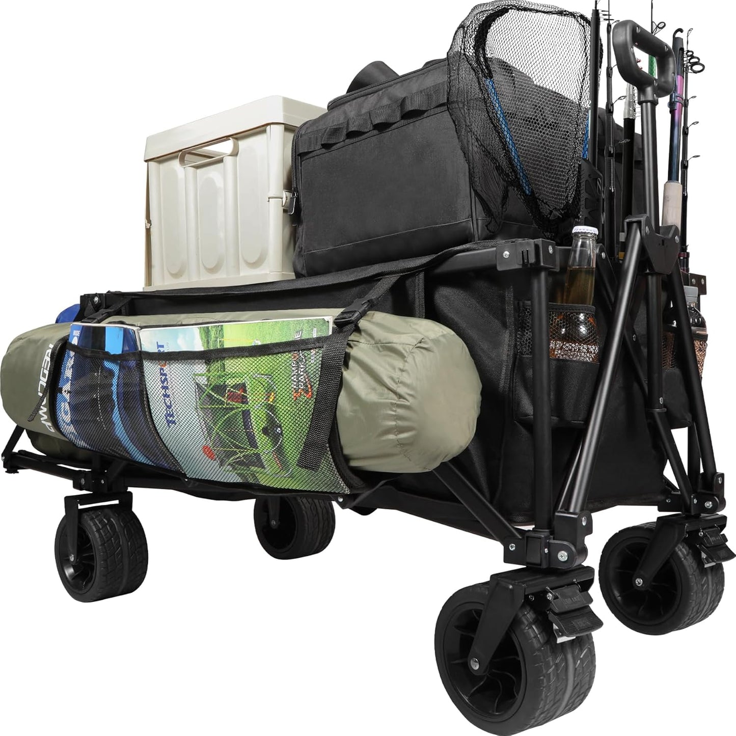 REDCAMP 49" L Extended Collapsible Beach Fishing Cart with Rod Holders, 330LBS Heavy Duty Extra Large Folding Utility Garden Cart with Tailgate and Big All-Terrain Wheels for Grocery, Sport, Fishing