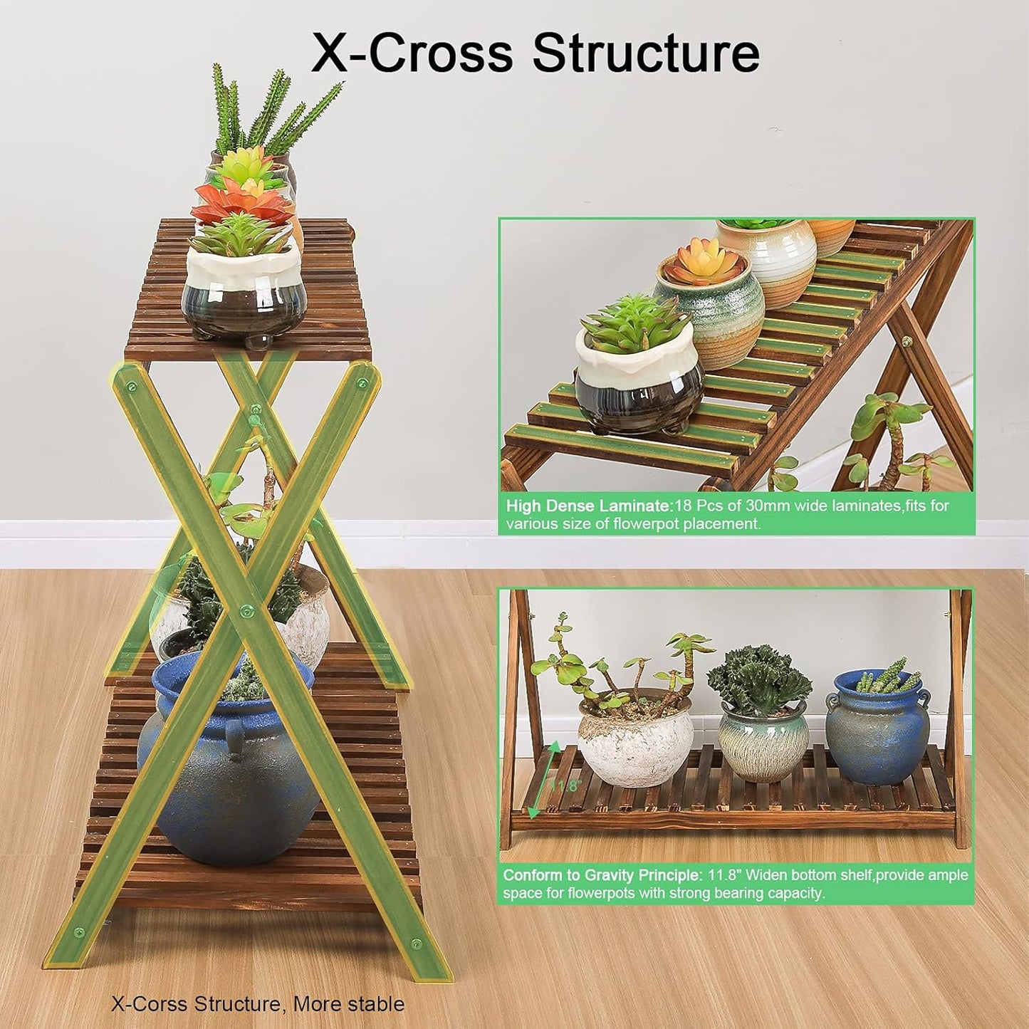 Wooden Plant Stand Indoor 2 Tier Narrow Plant Stand Outdoor Plant Shelf Display Rack Corner Flower Rack Stand for Living Room Garden Patio Balcony (X-Cross Design)