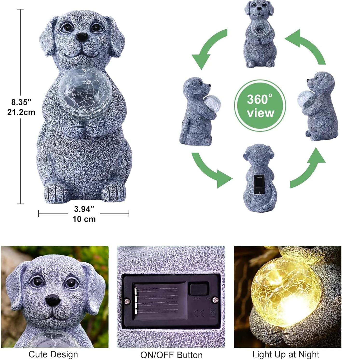 Dog Garden Statues - 8.4 Dog Decor with Gazing Ball LED Lights, Unique Gifts for Mom Grandma Birthdays, Outdoor Decor for Outside Lawn Porch Patio (Gray)
