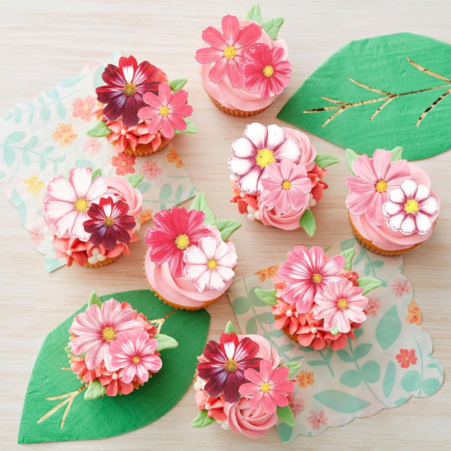 65 PCS Edible Gosang Flowers Cupcake Toppers Wafer Paper Flower Birthday Party Decorations Edible Hibiscus Wildflower Cupcake Picks for Baby Shower Wedding Birthday Party Cake Decorations Supplies