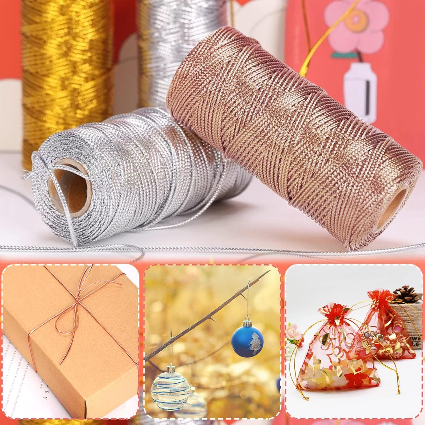 Anvin Metallic Bakers Twine - 328 Yards, Pack of 3 (Gold, Silver, Rose Gold) for Arts & Crafts, DIY Tags & Ornaments
