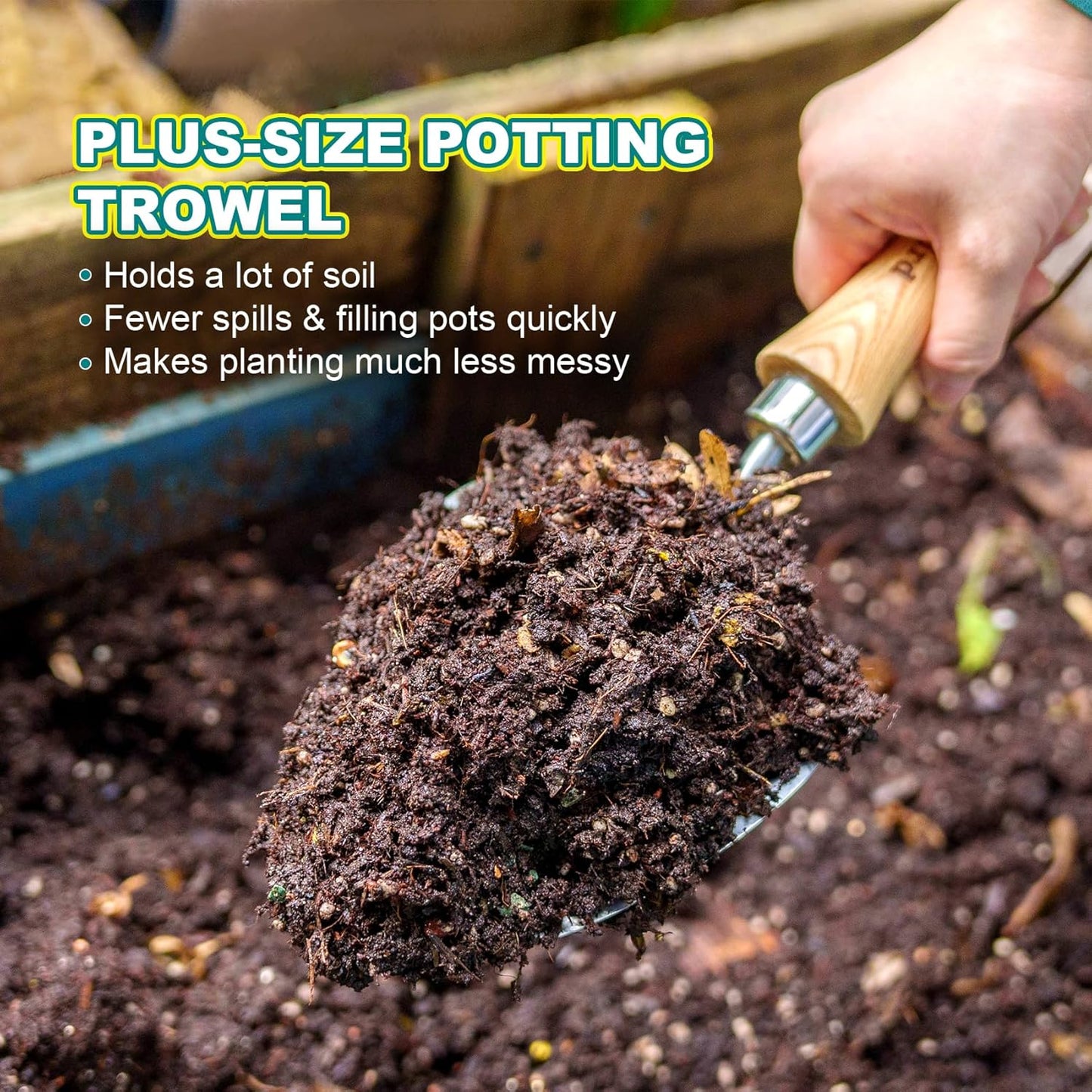 Berry&Bird Potting Trowel, Oversized Garden Hand Shovel with Sharp Blade & Wood Handle, Stainless Steel Gardening Tool for Roots, Planting, Digging, Transplanting, Soil Loosening and Fertilizer Mixing