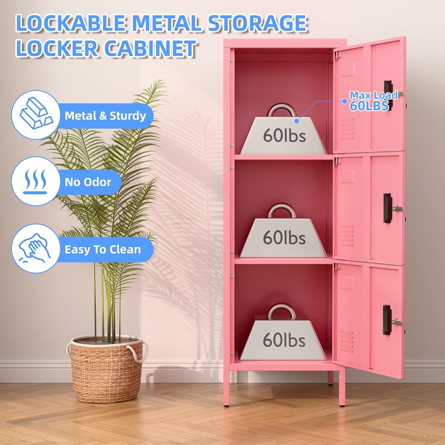 Metal Locker with Ventilation Holes, Metal Storage Cabinet with Lock and Card Slot for Home,School, Office, Garage,47.3" H x 15.8" W x 15.8" D,Assembly Required,Pink