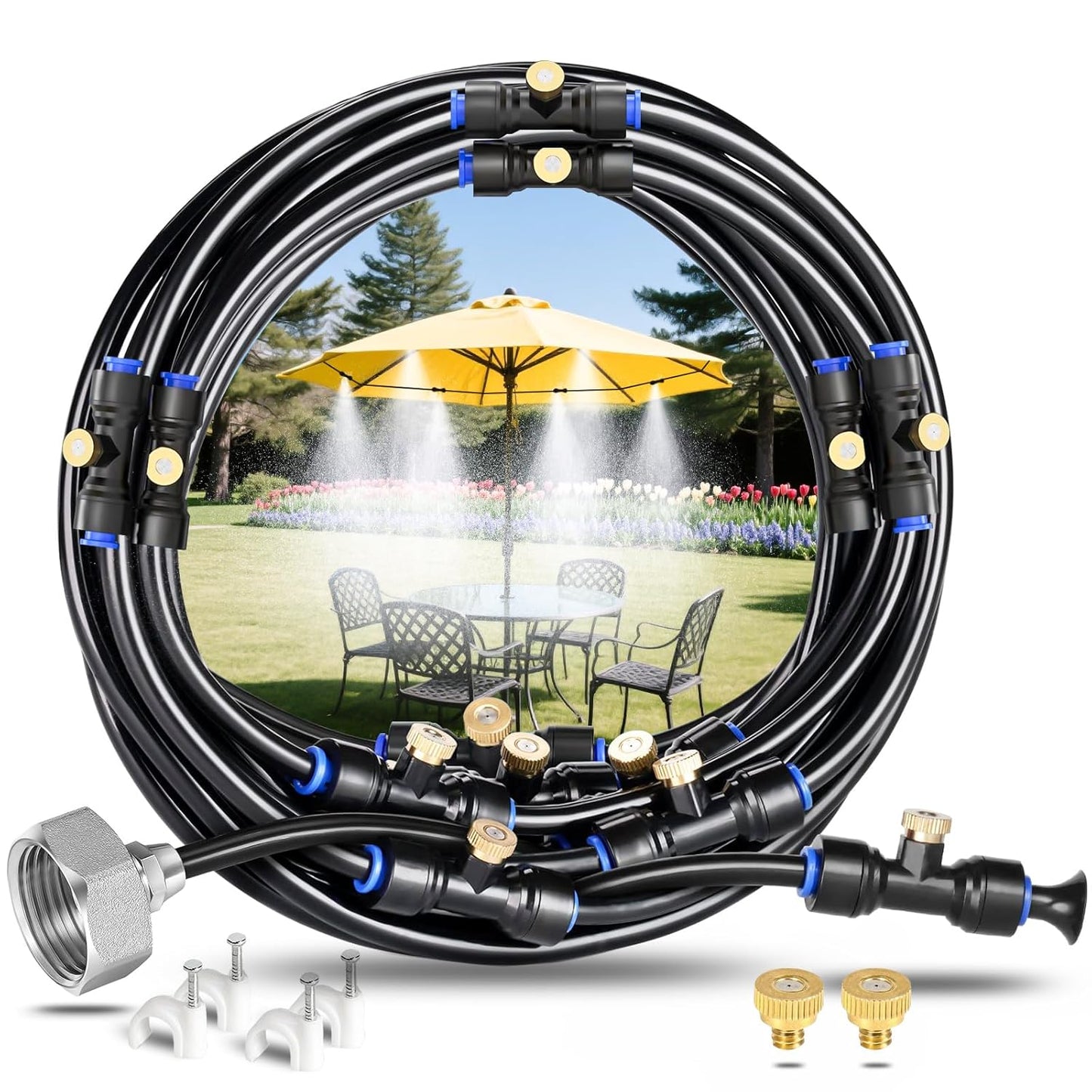 Misting Cooling System 52FT (16M) Misting Line + 18 Brass Mist Nozzles + Brass Adapter(3/4") Outdoor Mister for Patio Backyard Garden Greenhouse Watering Cooling