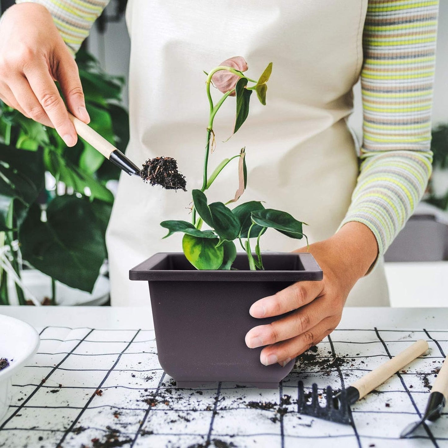 KINJOEK 15 PCS 4.7 Inch Plant Pot, Square Plastic Bonsai Training Pots, Flower Succulent Pots Container for Garden, Indoor, Home Decorative with Square Trays 5.3 Inch