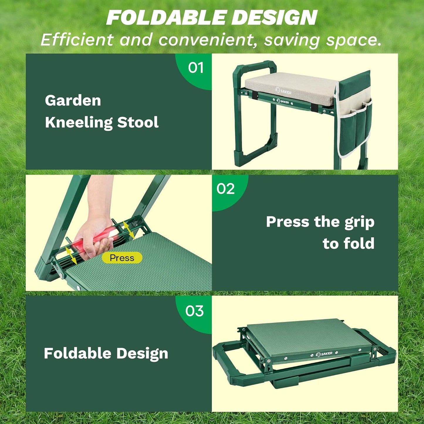 Saker Garden Kneeler and Seat Foldable Gardening Stool with Extendable Legs & Thickened Pad, Tool/Storage Bag, Heavy Duty Support for Elderly, Gardening, Outdoor Use