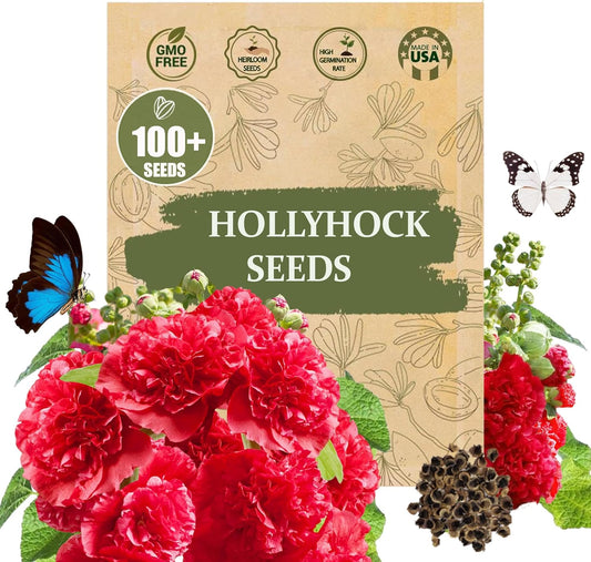 Premium Rare Hollyhock Seeds – 100+ Double Red Hollyhock Flower Seeds – Non-GMO, Heirloom Perennial – Showy Blooms for Outdoor Planting (Dwarf Double Red Hollyhock)