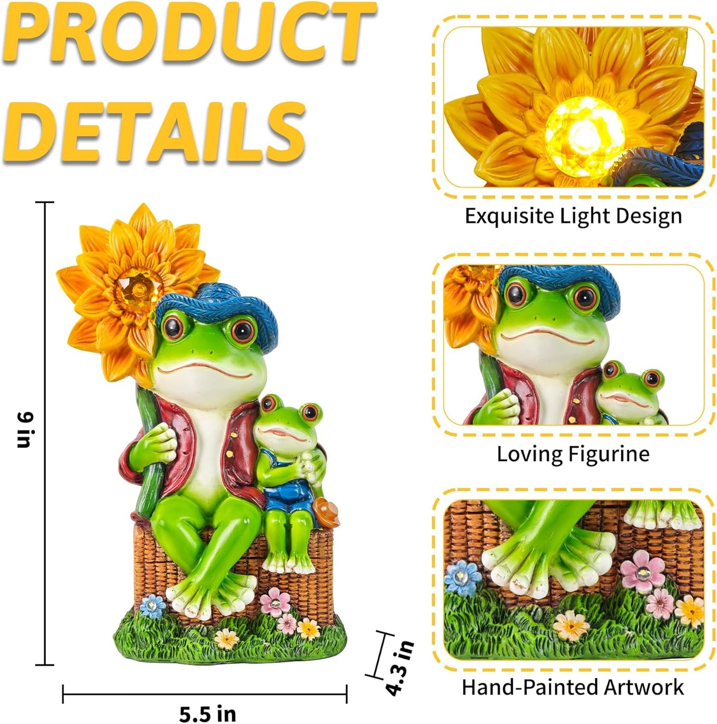 Outdoor Frog Garden Decor: 9'' Yard Decoration with Sunflower Light Funny Solar Frog Gifts for Women Mother's Day Housewarming Gift