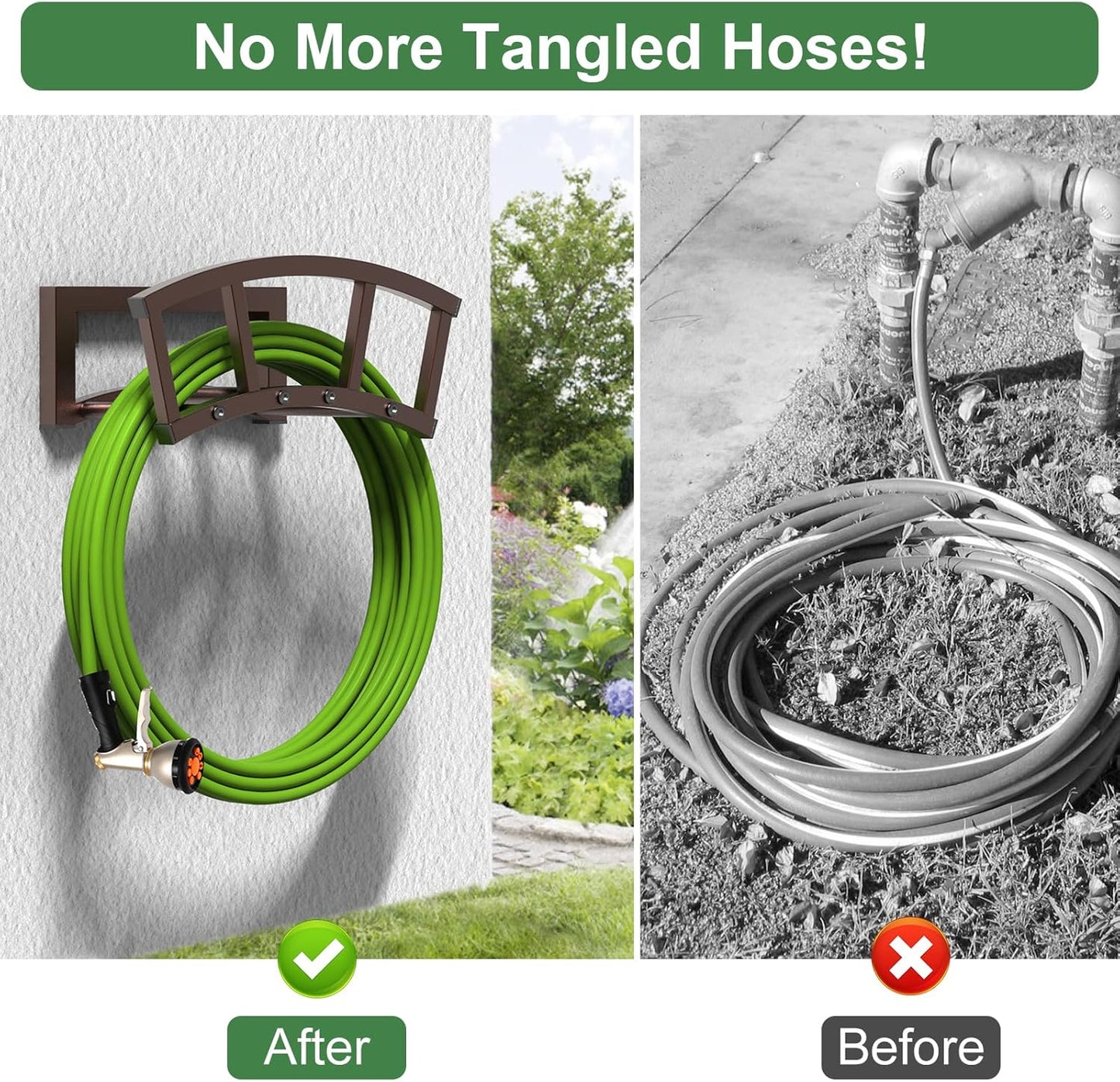 2 Pack Garden Hose Holder Wall Mounted, Outdoor Heavy Duty Metal Water Hose Holder Hanger Holds 125-ft Water Pipe, Sturdy Detachable Hose Storage Organizer Reel Rack for Outside Garden Lawn, Bronze