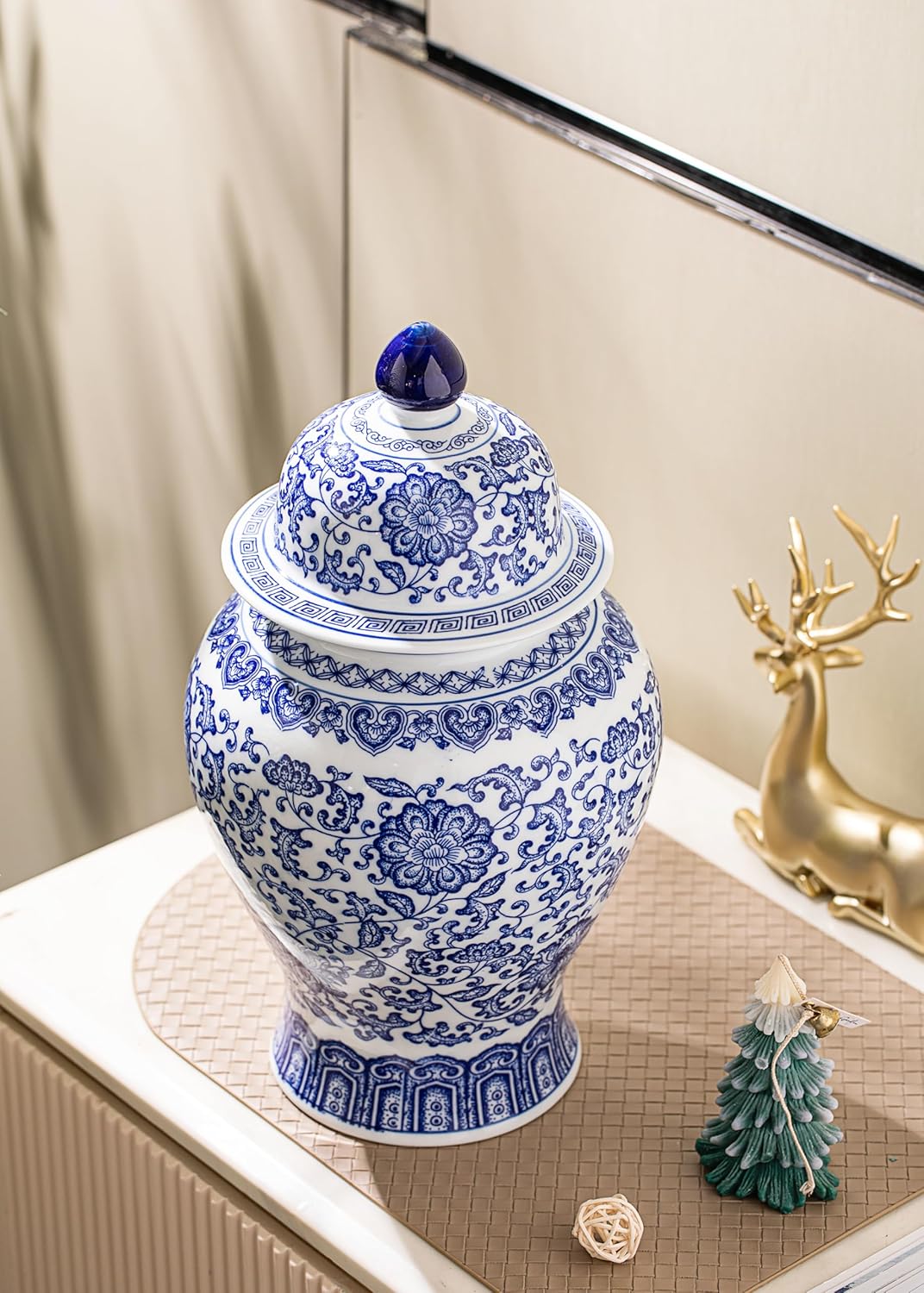 Blue and White Ginger Jar, Ceramic Chinoiserie Decorative Jars for Home, Office, Flower Vase Pocelain, Glossy Vase for Table, Living Room, Bookshelf, Mantle Fireplace, Centerpieces,15" H