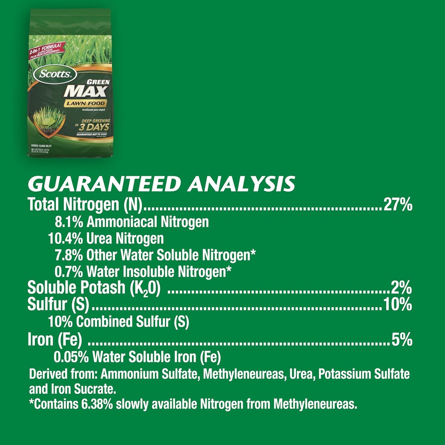 Scotts Green Max Lawn Food, Lawn Fertilizer Plus Iron Supplement for Greener Grass, 10,000 sq. ft., 33.33 lbs.