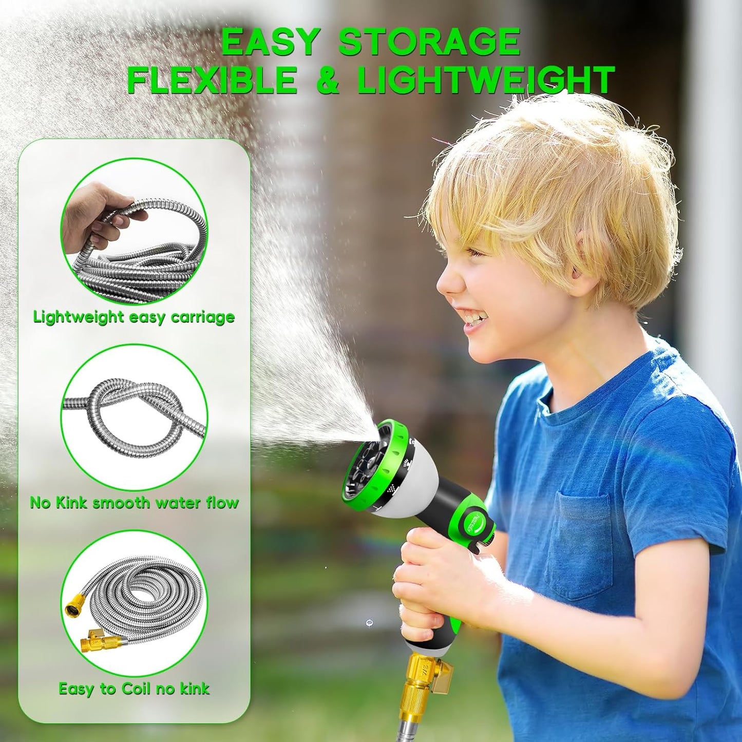 100FT Stainless Steel Garden Hose, Heavy Duty Flexible Metal Water Hose with 10-Function Nozzle, Lightweight & No-Kink Garden Hose, Durable Solid Fittings for Lawn, Car, RV, Outdoor Watering