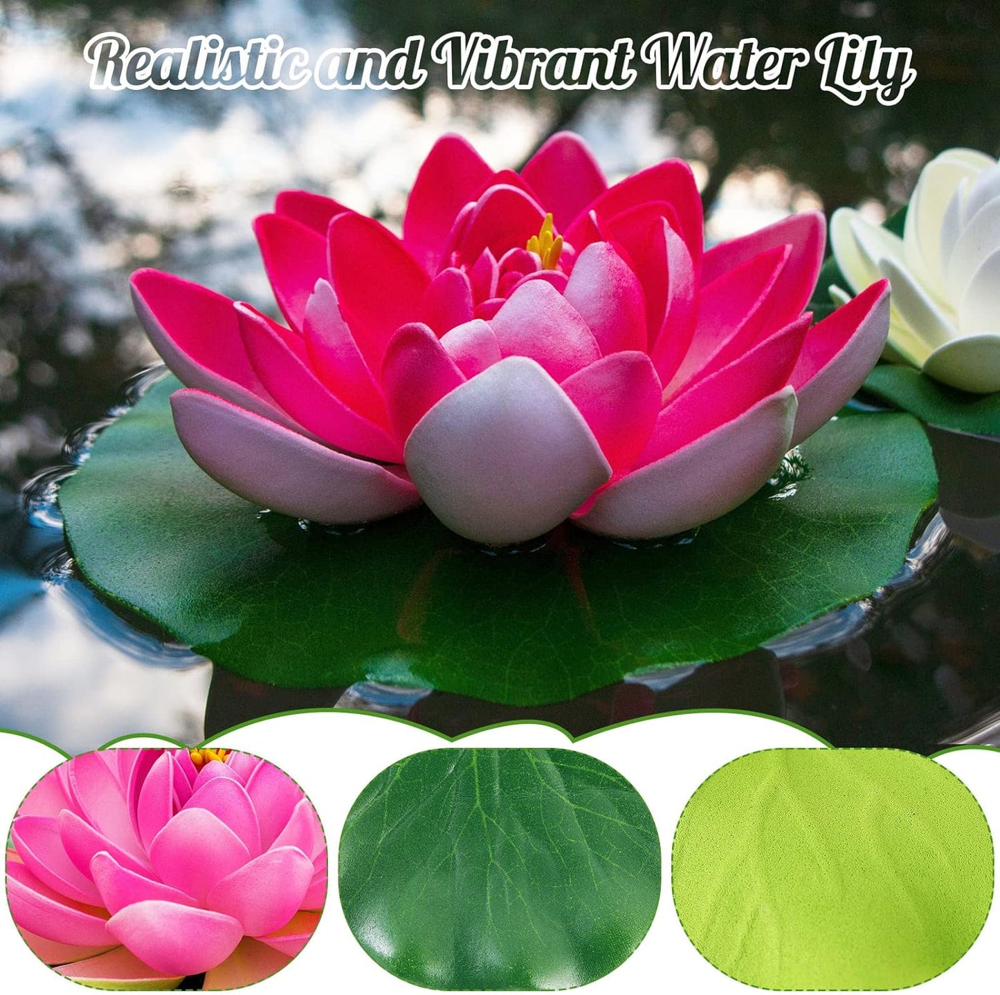 Artificial Lotus Flowers Water Lilies for Pond Pool, 10 Pcs Realistic Floating Foam Lotus Flowers with Lily Pads for Ponds, 4" and 6" Large Lifelike Water Lilies for Fountain Garden Pond Decoration