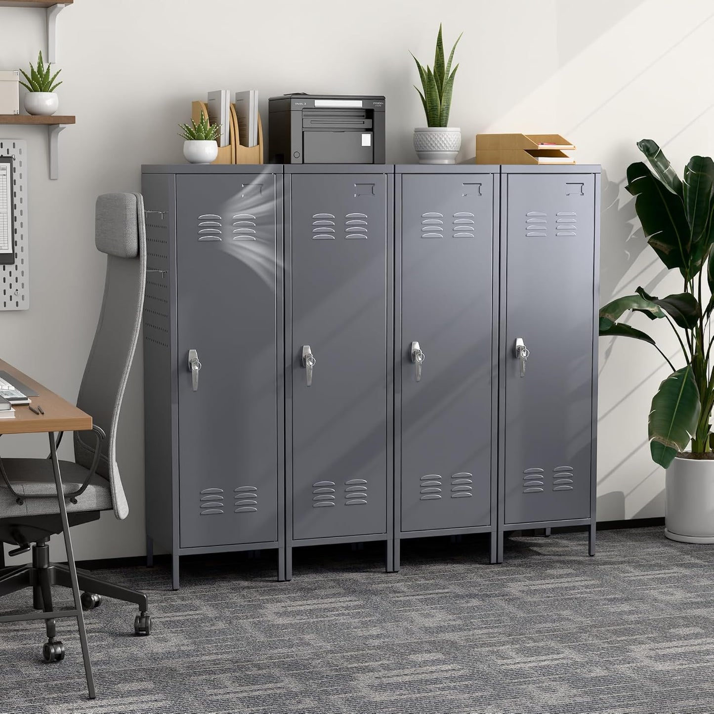 Metal Lockers for Employees with Handle,Metal Storage Locker with 2 Pegboard & 5 Hooks for Gym, School, Office,Home,Garage,Grey