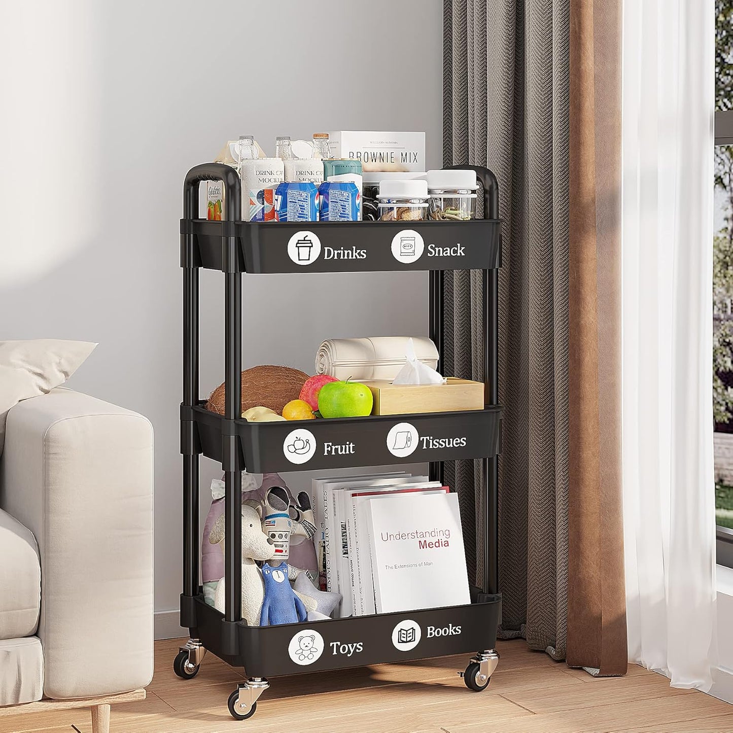 UDEAR 3-Tier Rolling Utility Cart with 12 Category Labels,Multifunctional Comagtable Rolling Shelving with Handle and Lockable Wheels for Room,Office,Kitchen,Bathroom,Black