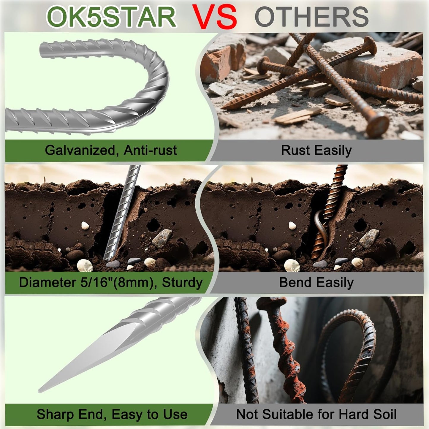 Rebar Stakes 12 Inch, 12 Pack Galvanized Tent Stakes Heavy Duty Ground Stakes, J Hook Metal Fence Stakes for Ground, Outdoor Decoration, Wire Fencing, Gardening