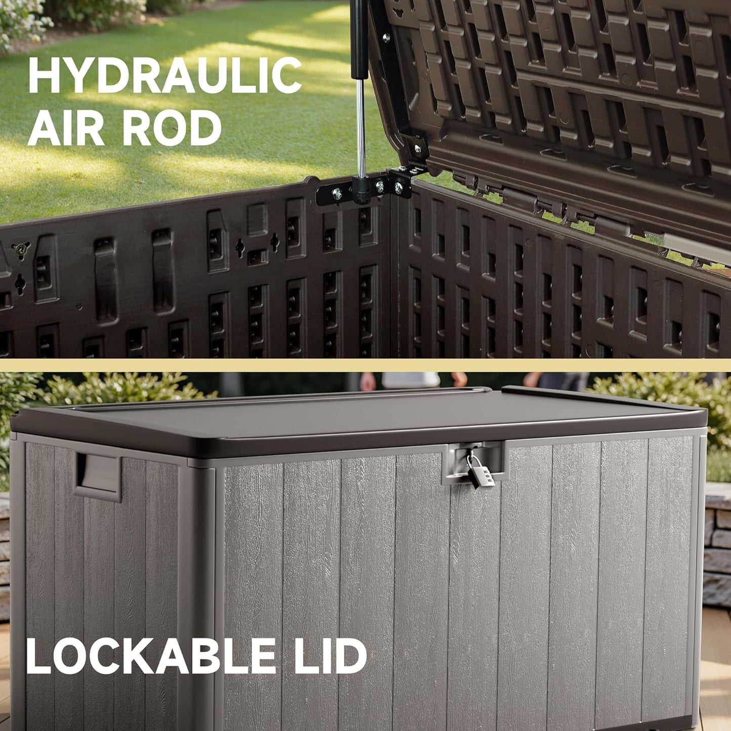 120 Gallon Deck Box, Double Layer Waterproof Resin Outdoor Indoor Storage Box, Lockable & UV Resistant Storage Bin for Patio Furniture, Garden Tools, Pool Accessories (Brown)