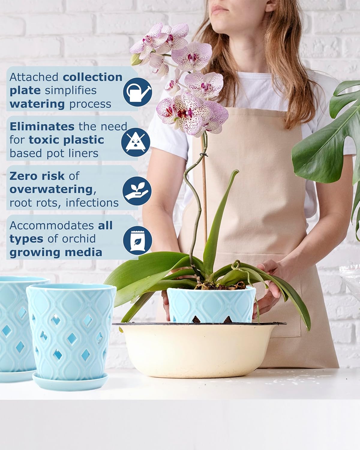 Whispering Winds Ceramic 5 x 6 Inch Orchid Pot with Holes & Saucer for Aeration and Drainage - Decorative Orchid Pots for Repotting, Prevent Over Watering & Root Rot (Charlotte Blue)