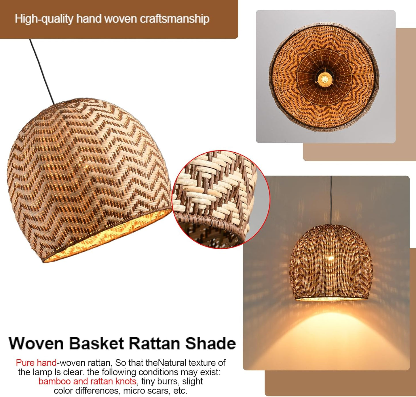 13.77" Rattan Pendant Light 1-Pack Rustic Curry Rattan Hanging Light Hand-Woven Wicker Chandelier for Dining Living Bedroom Kitchen Farmhouse