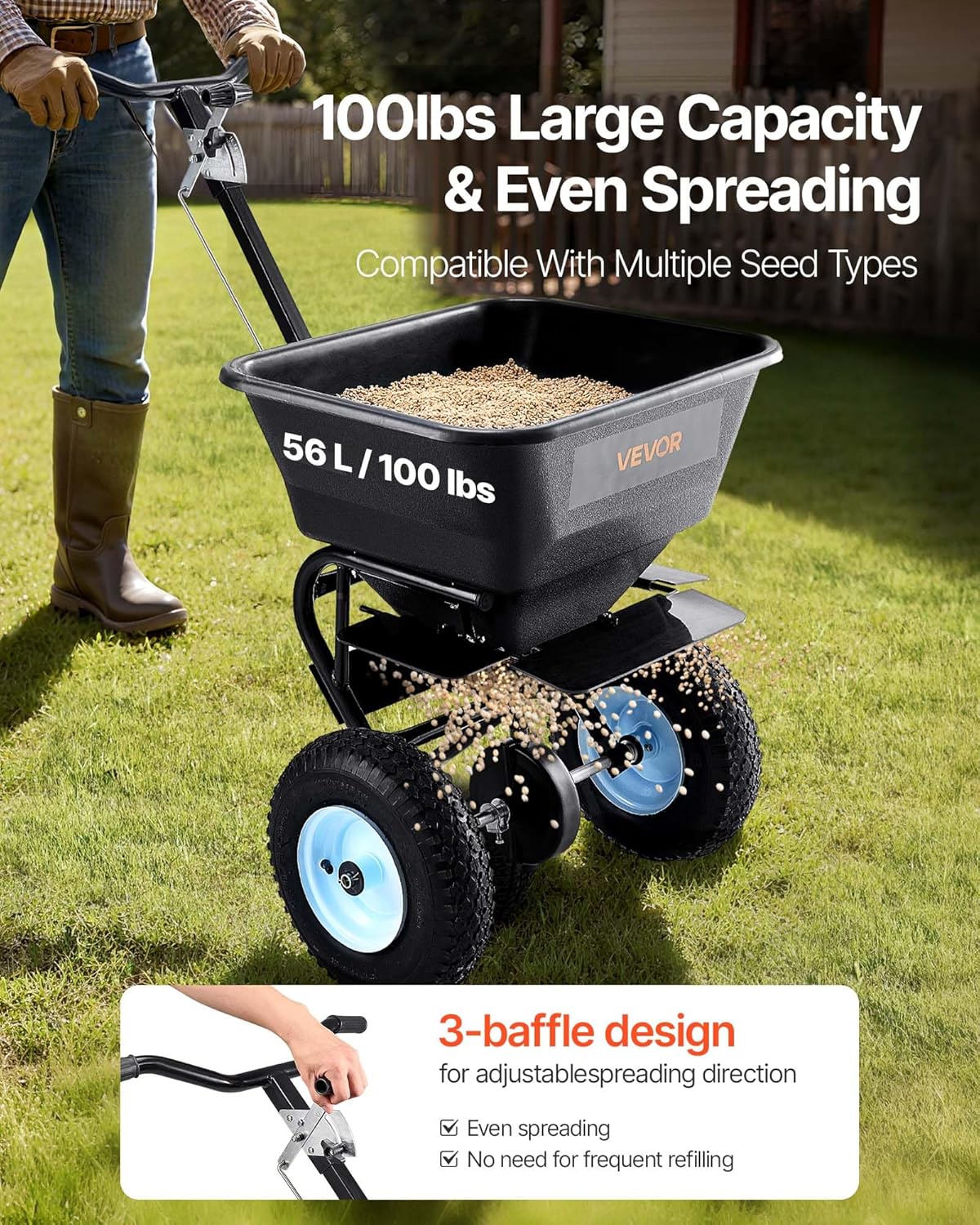 VEVOR Broadcast Spreader, 100LBS4Capacity, Walk-Behind Push Spreader, 0-9.8ft Spreading Width, 13 in All Terrain Pneumatic Tires, Lawn Spreaders with Hopper Grate, for Seed, Fertilizer, Salt, Ice Melt