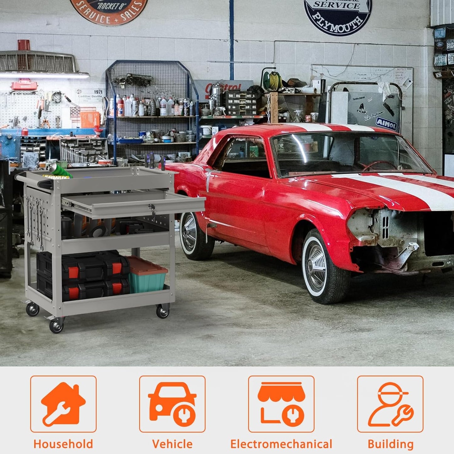 3-Tier Heavy Duty Utility Cart on Wheels, Rolling Tool Cart on Wheels with a Drawer, 350 Lbs Load Capacity Service Cart for Warehous, Garage and Repair Shop (Grey)