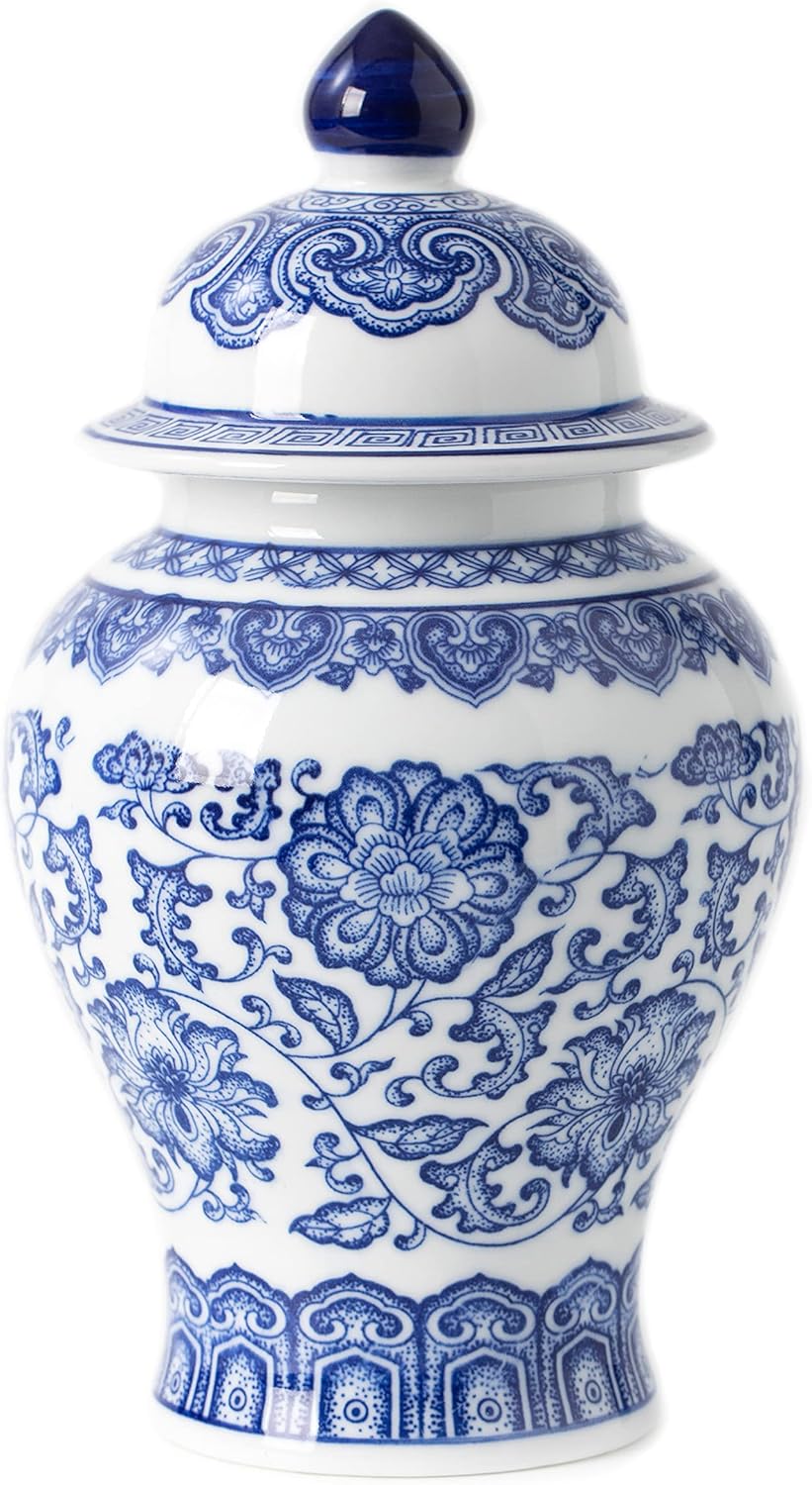 Blue and White Ginger Jar, Ceramic Chinoiserie Decorative Jars for Home, Office, Flower Vase Pocelain, Glossy Vase for Table, Living Room, Bookshelf, Mantle Fireplace, Centerpieces, 9.8"H