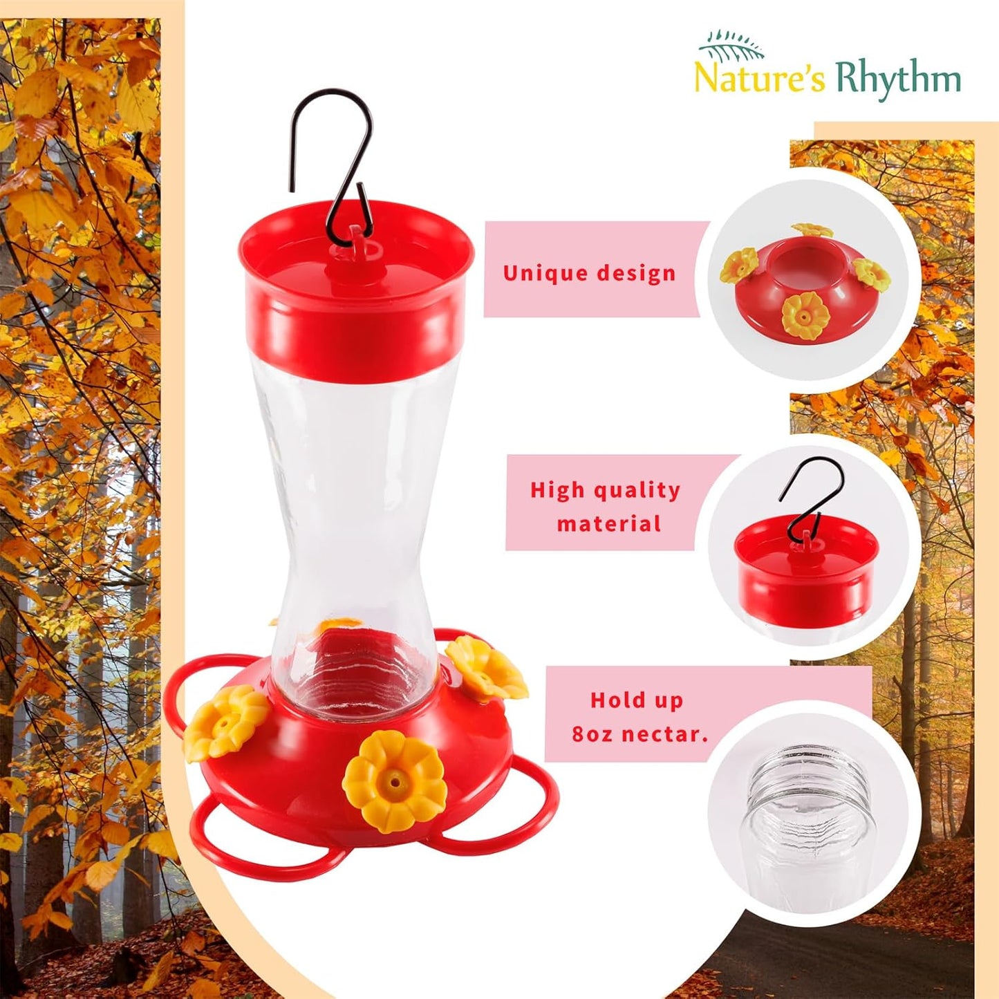 Nature's Rhythm Bird Feeder 4 bee Guard Plastic Yellow Flowers Feeding Port 8oz Glass Pinch Waist Hummingbird Feeder (1Pcs)