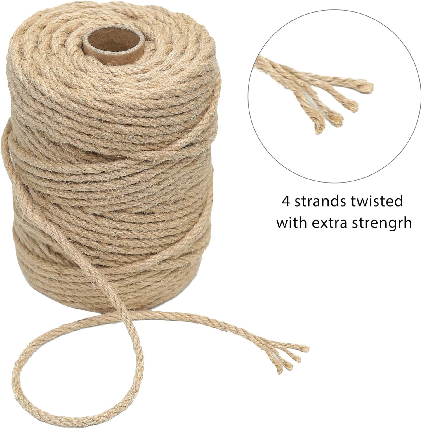 Natural Jute Twine 328ft 8mm,4Ply Twisted Thick Twine Rope Strong Jute String Roll for Crafts Gift Wrapping Gardening Home Decor Bundling Cat Scratching Post