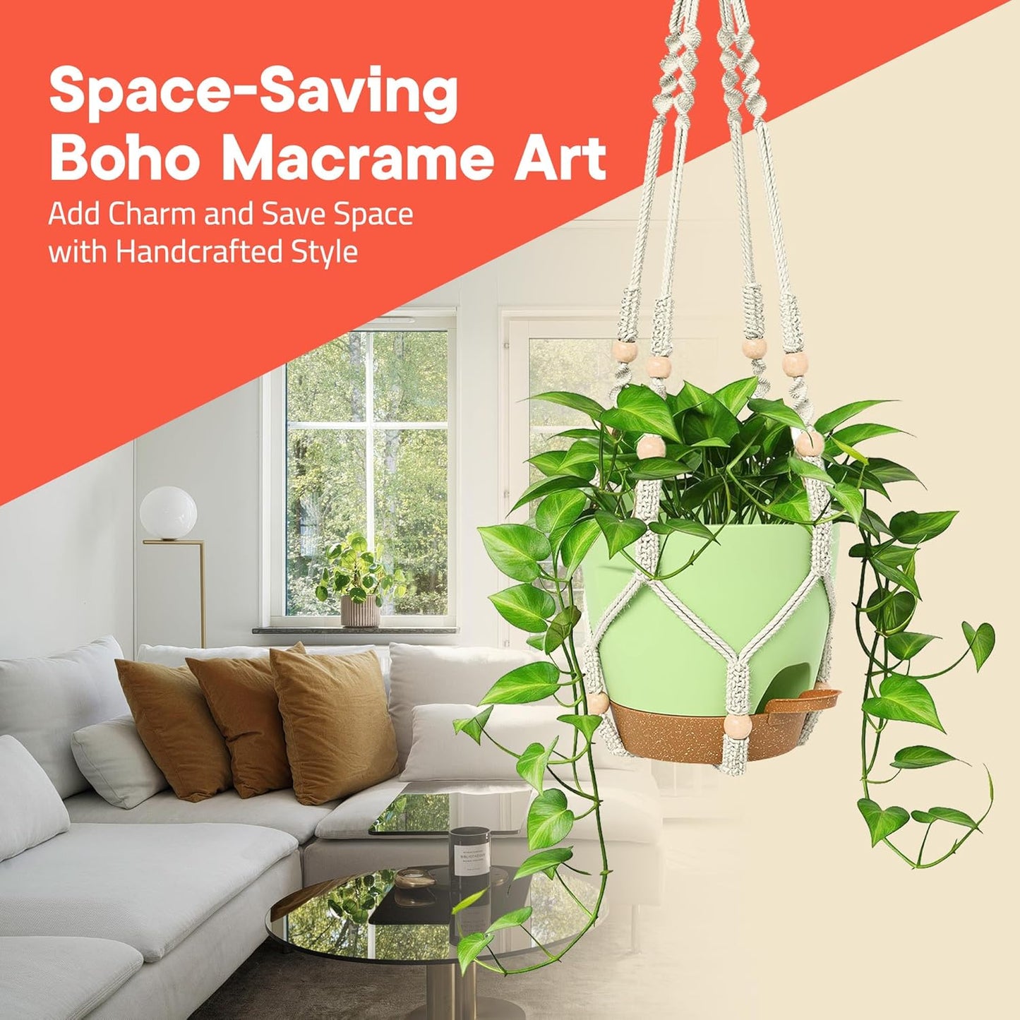 Green Hanging Self Watering Pots with Macrame Ivory Rope, 3 Pack Indoor & Outdoor Hanging Plant Pots with Built-in Reservoir, Wick Rope, Drainage Holes & Hooks, Stylish Boho Decor Hanging Planter