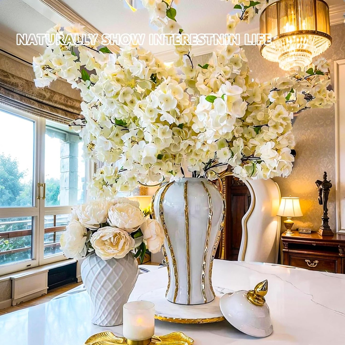 Ginger Jar, White Gold Ceramic Vase Large Handmade Porcelain Vases with Lid, White Gold Decorative Flower Vase for Home, Living Room, Weddings, Centerpieces (14in with Lid)