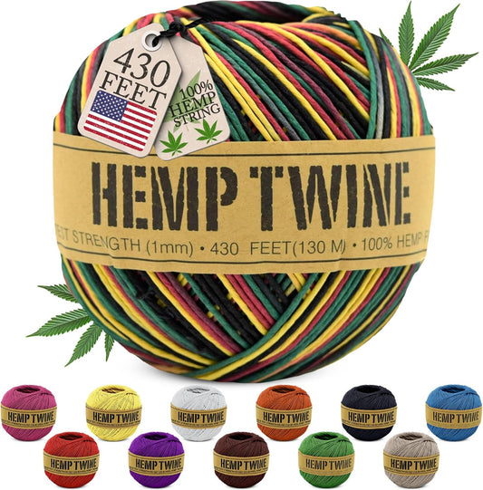 Hemp Twine for Gardening - Twine for Crafts - Organic Natural Hemp String for Jewelry Making - Strong Durable Cord for Decoration, Macrame + Cooking - 1MM, 100G/430 Ft. - 20 lb. Test Strength - Rasta