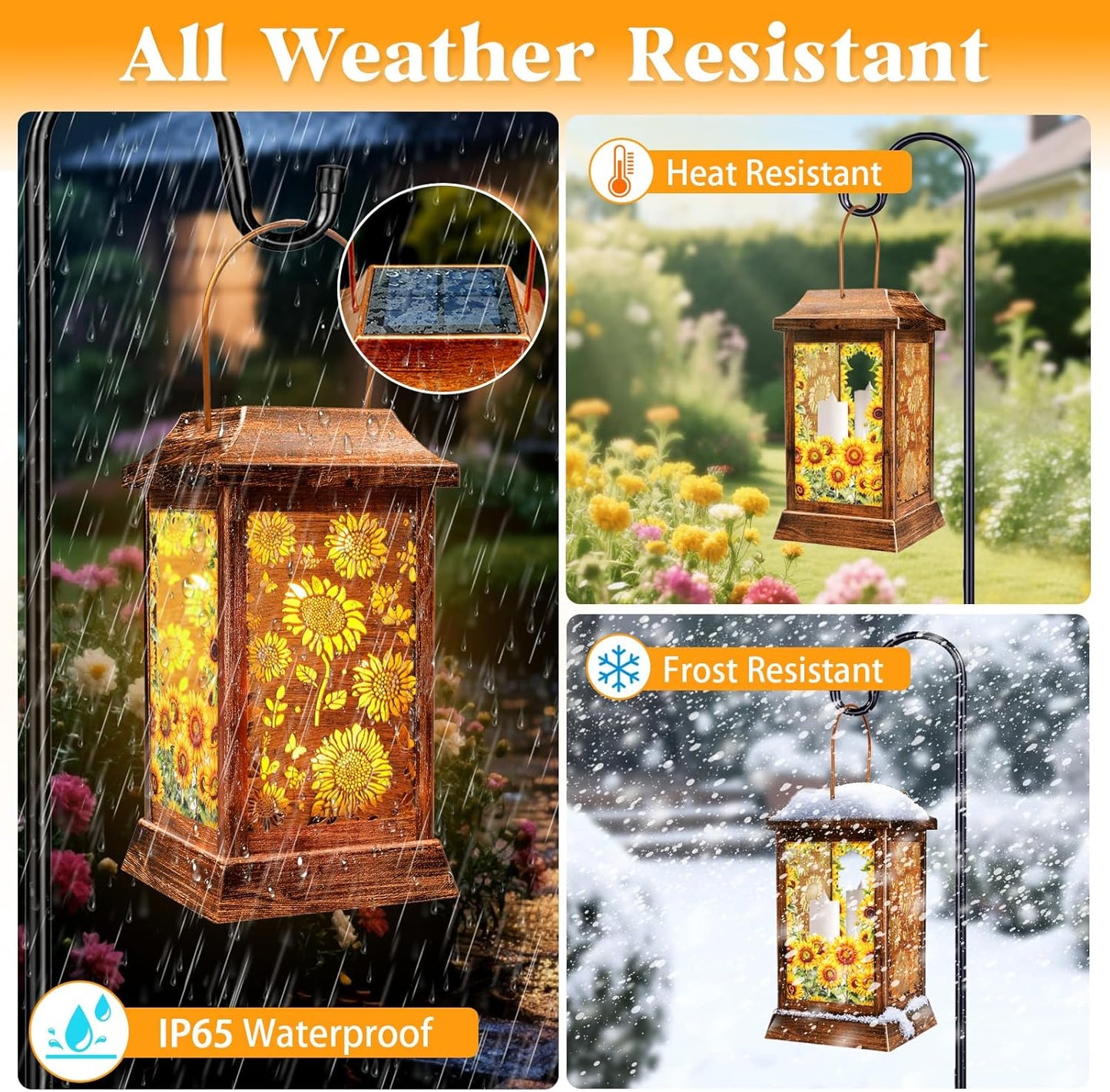 Sunflower Solar Lanterns Outdoor Waterproof, Metal & Glass Hanging Lights Garden Decor, Birthday Gifts for Women Mom Grandma Mothers Day, Decorative Lights for Outside Yard Patio Backyard Porch
