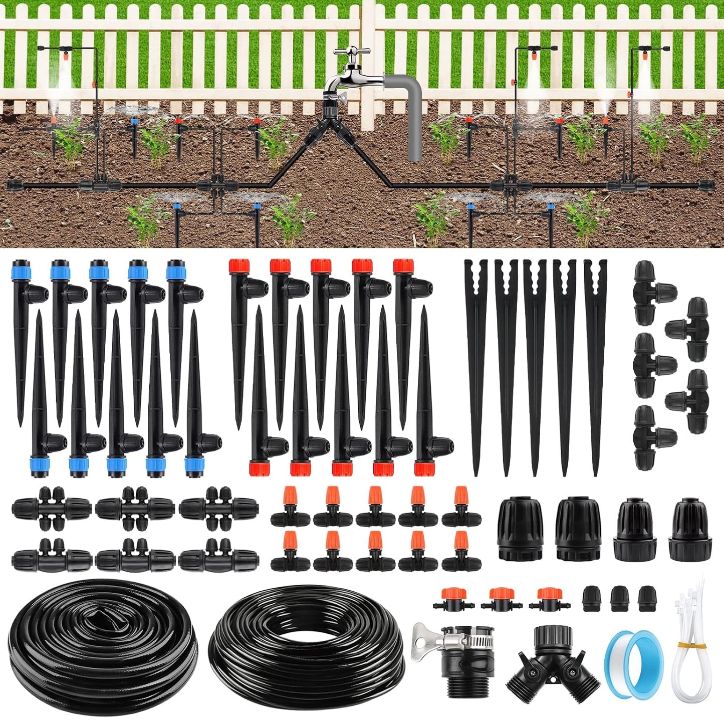 207FT Automatic Drip Irrigation Kits, Kalolary 1/4" 1/2" Adjustable Garden Watering System with 4/7mm 16mm Tube Drip Emitters Locked Fittings Drip Irrigation Parts System for Greenhouse Raised Beds