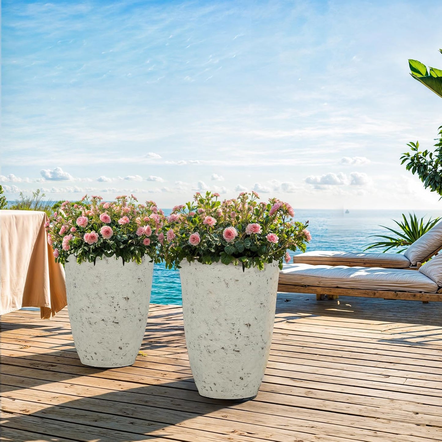 19.5" H Resin Tall Outdoor Planters, Set of 2 Country White Large Flower Pots with Handmade Birch Bark Texture, Heavy-Duty and Weather-Resistant for Year Round Indoor/Outdoor Space