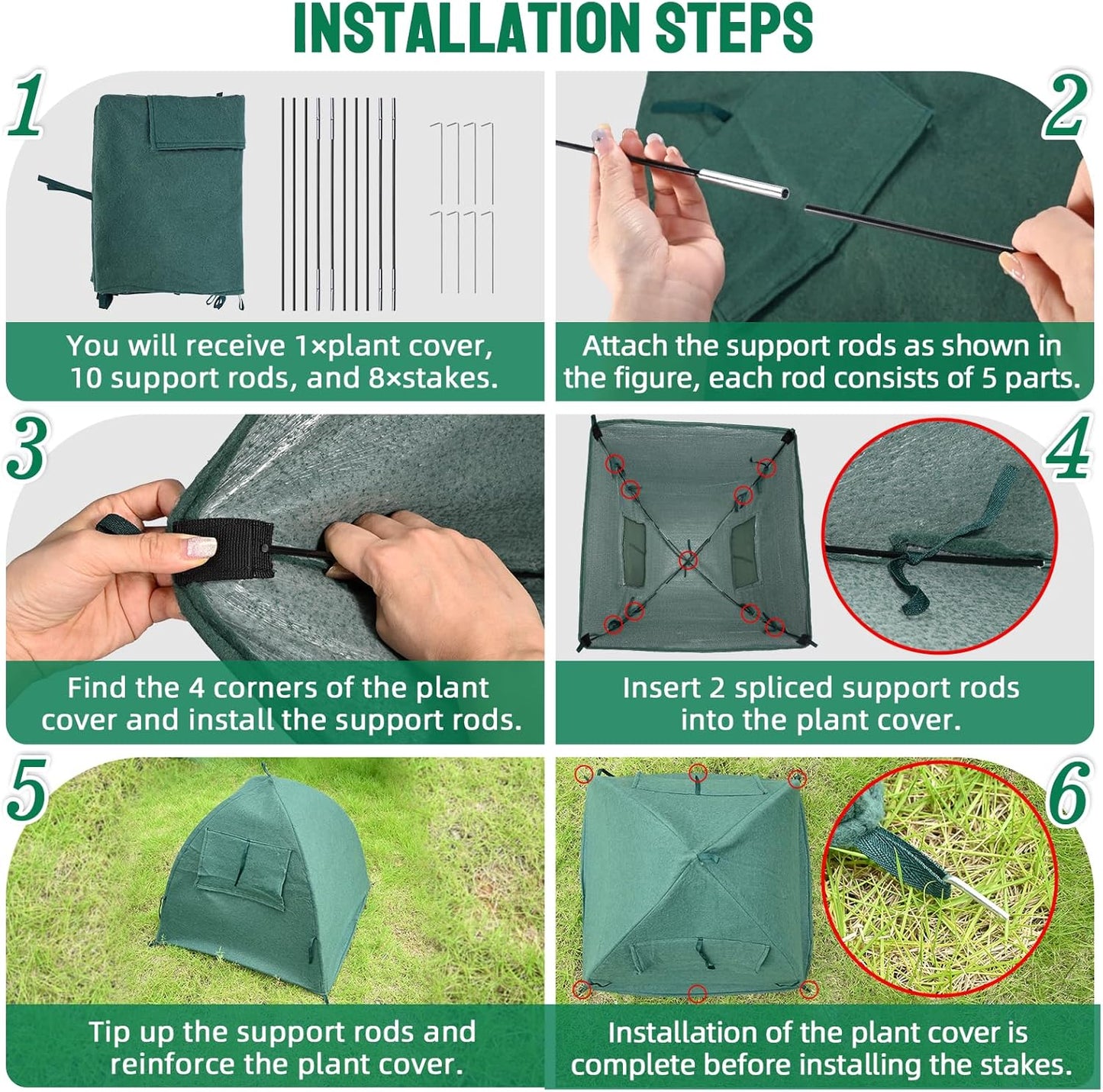 2 Packs Plant Cover Freeze Protection Blanket, 28''x28''x30'' Outdoor Garden Fabric Cover with Poles and Stakes for Winter Frost, Shade Cloth Plant Guard for Shrubs, Small Trees, Green