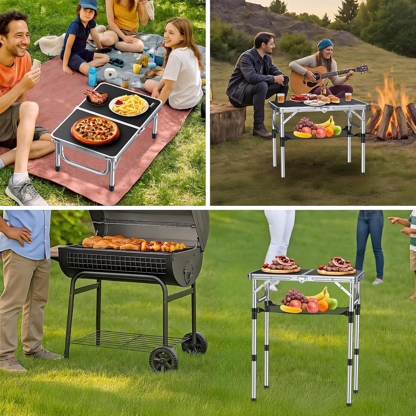 Folding Camping Table, Aluminum 24" x 16" Adjustable Height Small Folding Table with Carrying Handle, Lightweight, Portable Camping Table Waterproof for Outdoor Indoor Picnic Beach BBQ (Black)