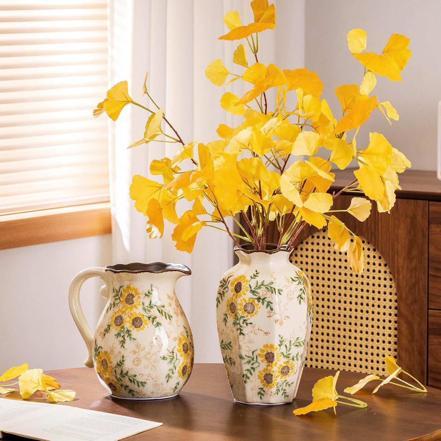 Sunflower Vintage Ceramic Yellow Floral Vase with Handle, Chinoiserie Floral Pitcher Vase, Rustic Ceramic Farmhouse Vases for Home Decor, Living Room, Bookshelf, Office, Grand Millennial Decor 7.9 in