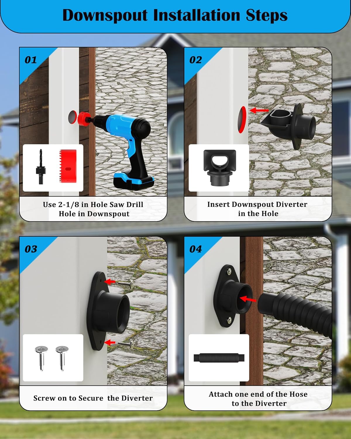 Rain Barrel Diverter Kit - Rain Barrel Downspout Diverter for Rectangular Downspouts, Easily Turn Plastic Containers into Rain Barrels, Easy Installation Without Dismantling (with Hole Saw Set)