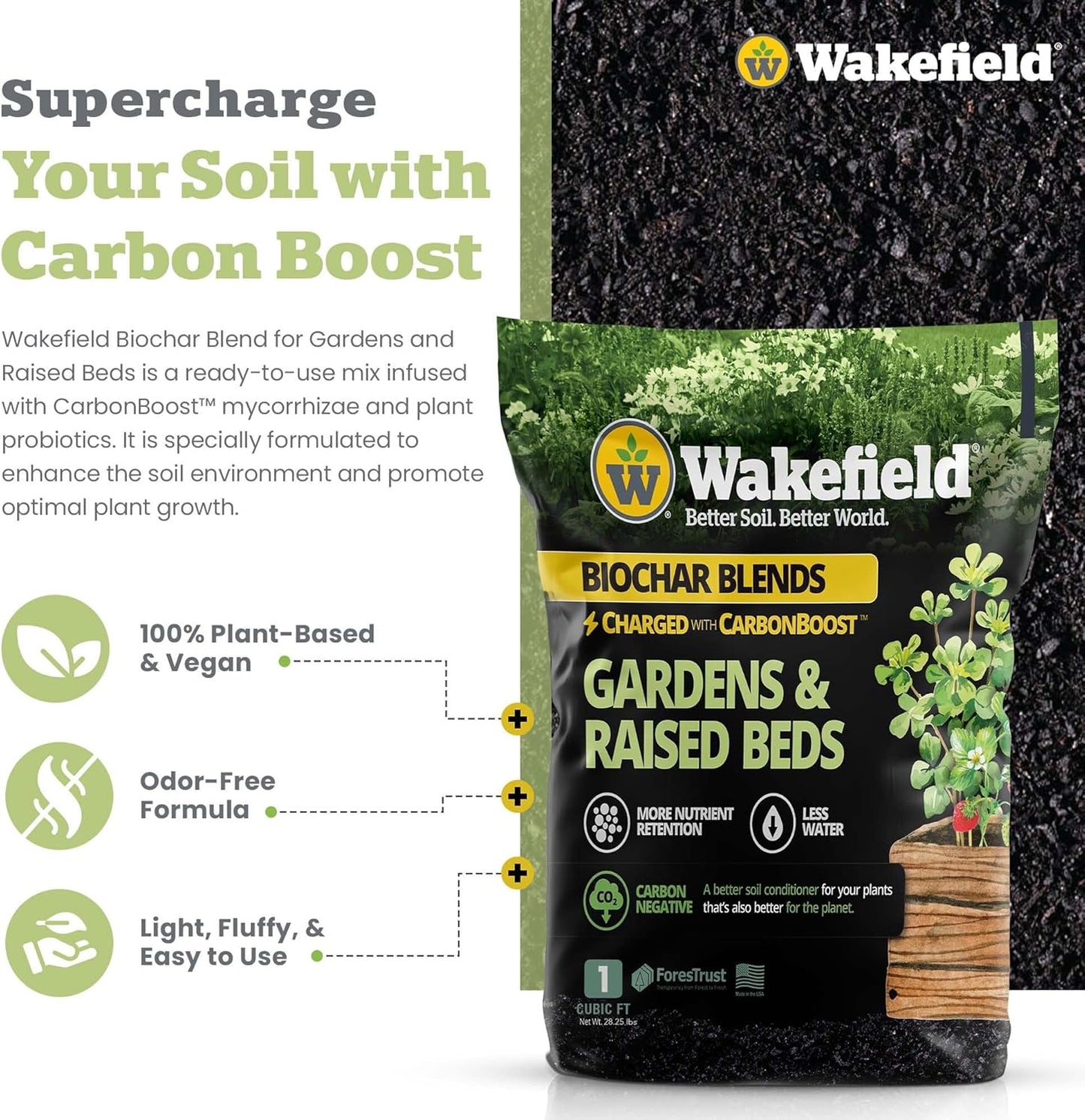 Wakefield Biochar Blend with CarbonBoost™ Technology – Enhanced Water & Nutrient Retention for Raised Bed Garden Soil - Ultimate Organic Potting Soil Mix for Vegetables, Gardens and Houseplants - 1CF