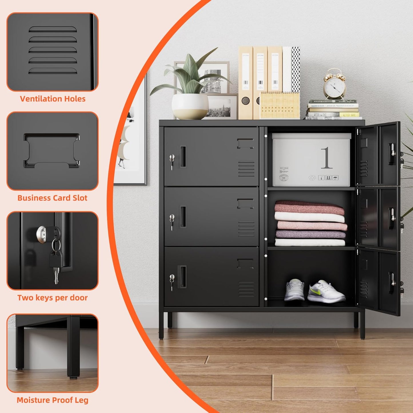 Metal Storage Lockers for Employees,6 Doors Lockable Steel Storage Locker for Office School Gyms Home,Assembly Required,Black