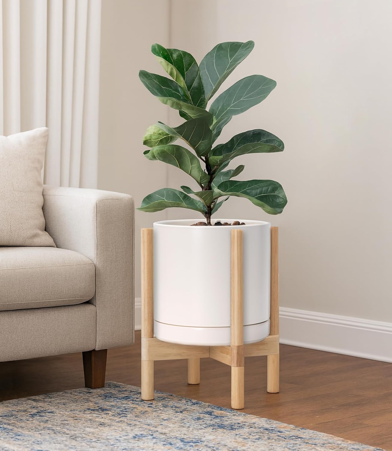 D'vine Dev Ceramic Planter with Natural Stand - 10 Inch Modern Round Flower Pot with Wood Planter Holder, Oatmeal, 55-B-K-8