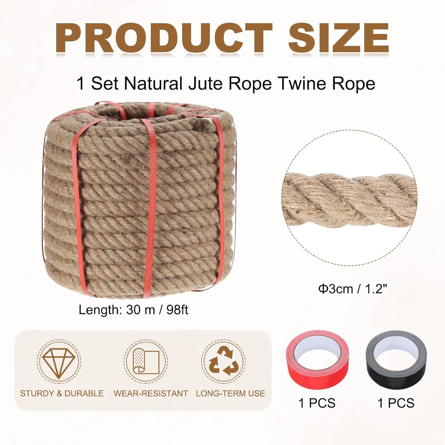 MECCANIXITY Jute Rope 1.2 Inch x 98ft, Thick Twine Rope Ropes Braided Jute Twine Natural Brown Burlap Cord String Heavy Twisted with Tapes for Decorative Crafts Railing Swing Tug of War