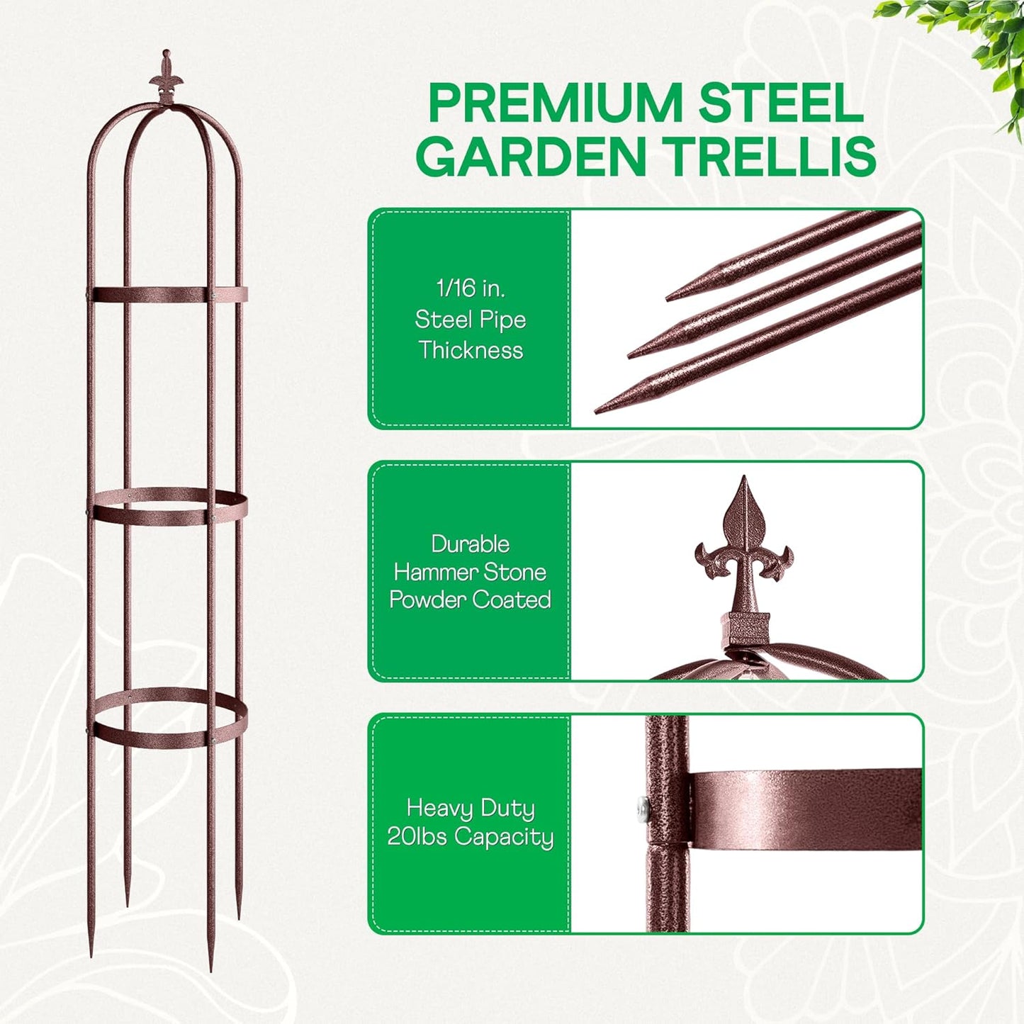 Idzo Trellis for Climbing Plants Outdoor, Garden Trellis Steel, Obelisk Design Hammer Stone Coated, 2025 Bronze Color, Vertical Support for Climbing Plants, Decorative for Outdoor & Indoor Use