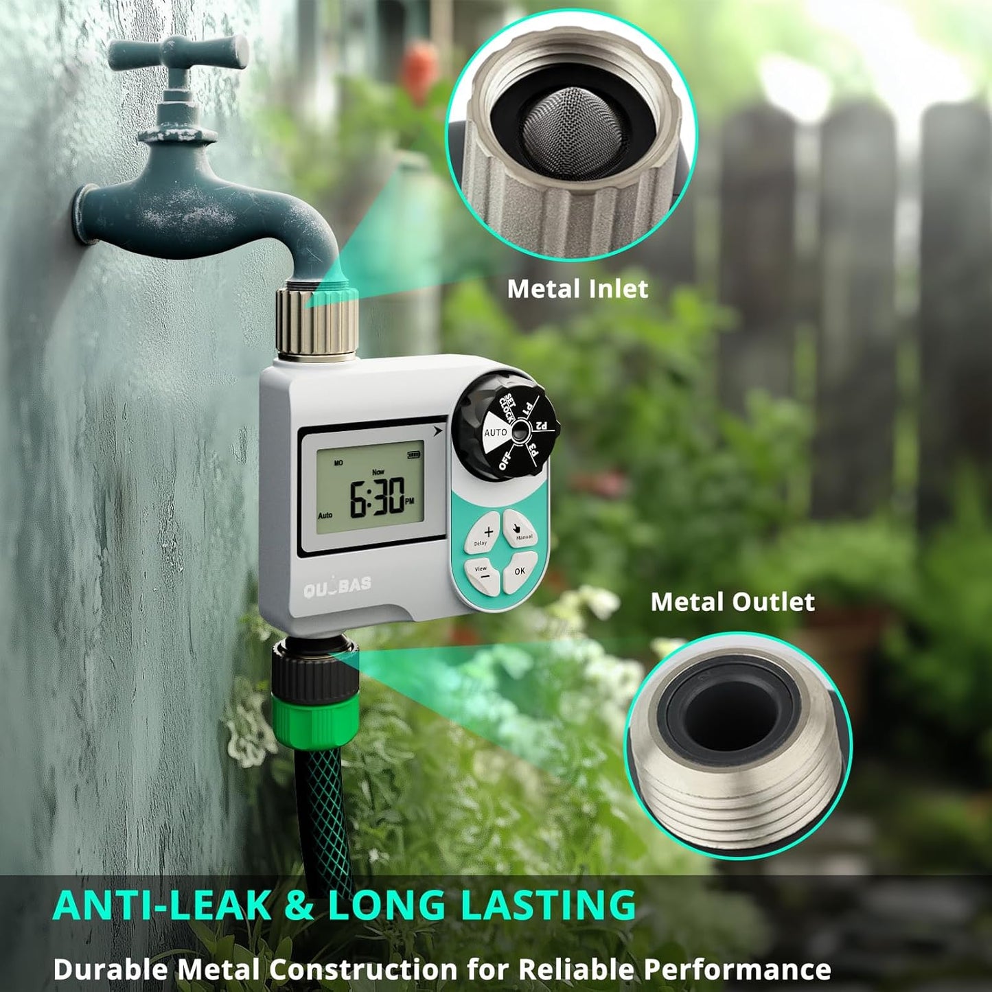 QUOBAS Weekly Plan Sprinkler Timer with Metal Inlet & Outlet, Water Timer for Garden Hose with Rain Delay/Manual Watering/Automatic Watering Controller System for Watering Lawn, Yard, Garden