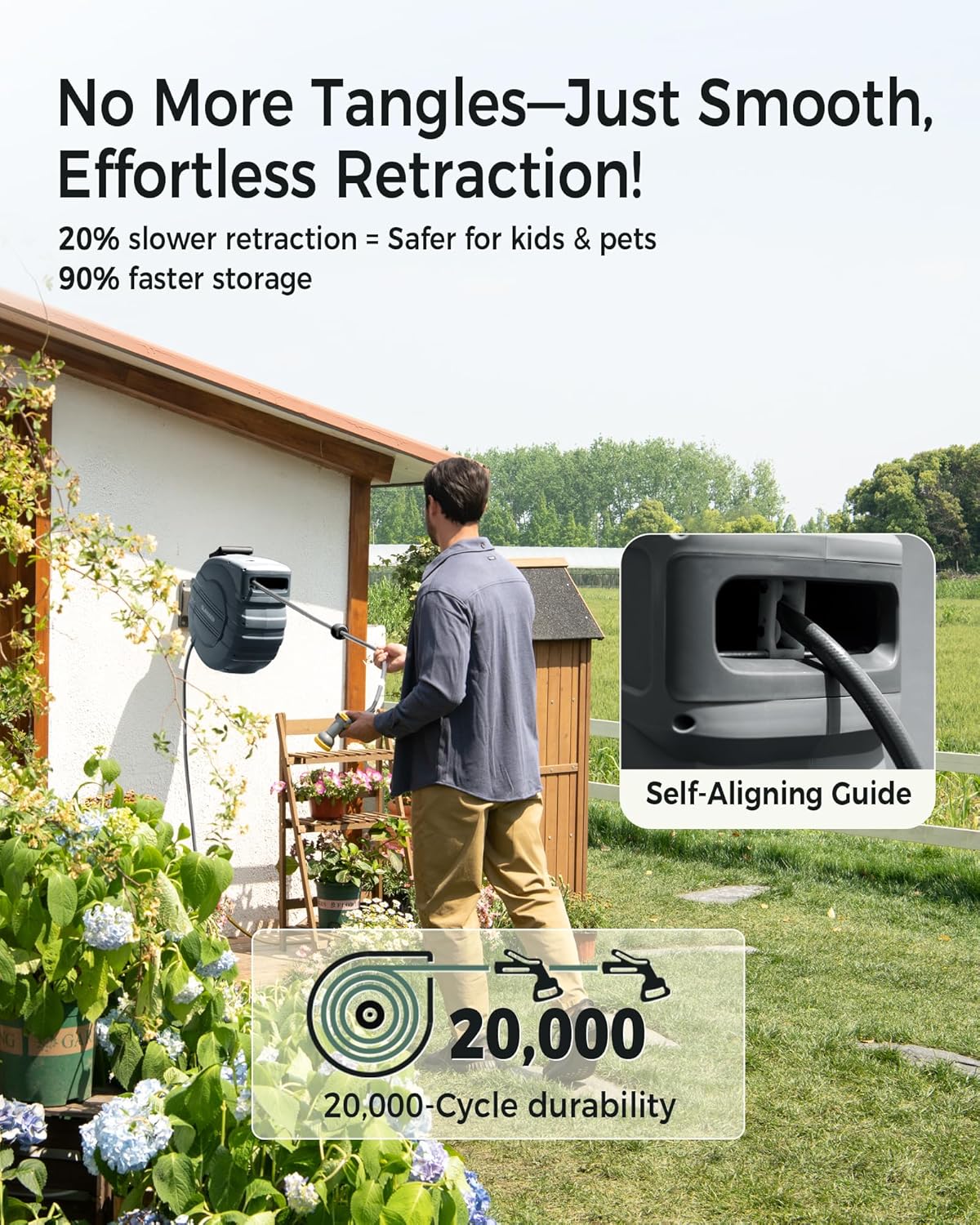 Retractable Garden Hose Reel 5/8 in x 90 ft, 2025 Upgraded Dual Ratchet Lock UV & Freeze Protection Brass Seal Slow Retraction Anti-Tangle Hose 180°Swivel Reinforced Scaffold Wall Mount