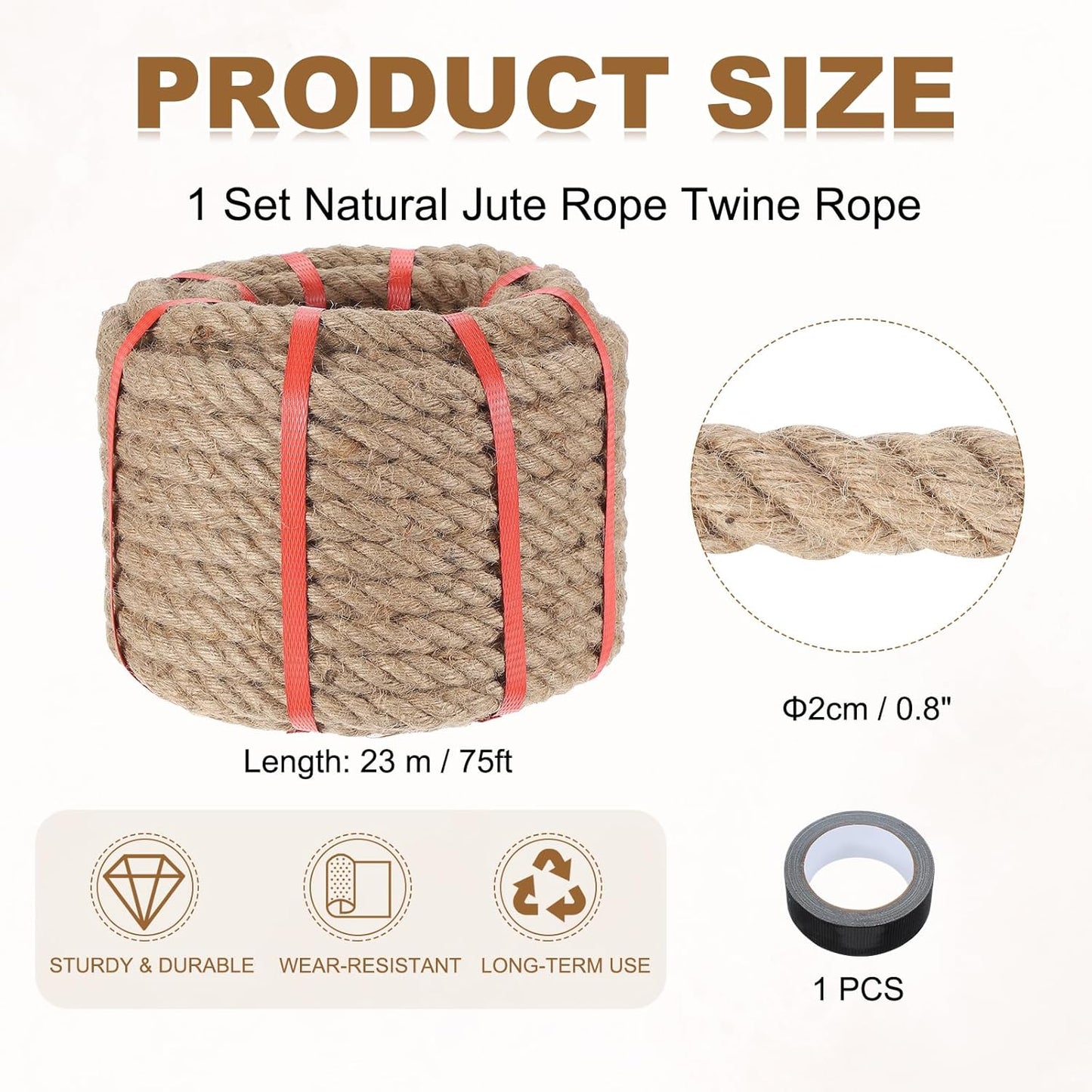 MECCANIXITY Jute Rope 0.8 Inch x 75ft, Thick Twine Rope Ropes Braided Jute Twine Natural Brown Burlap Cord String Heavy Twisted with Tape for Decorative Crafts Railing Swing Tug of War