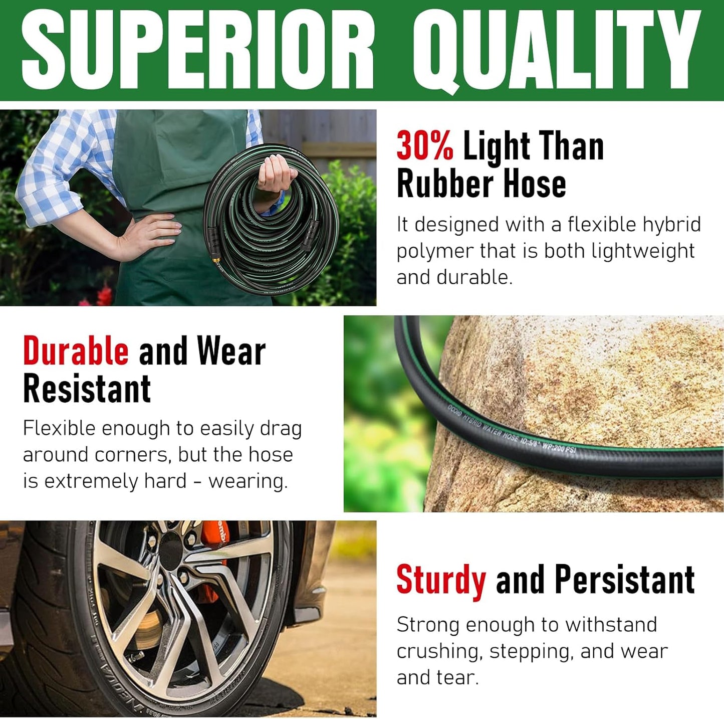Heavy Duty Garden Hose 25ft, NON-EXPANDABLE Flexible Water Hose, Kink Resistant Lightweight Hybrid Hose, Leakproof Hose Male to Female Fittings