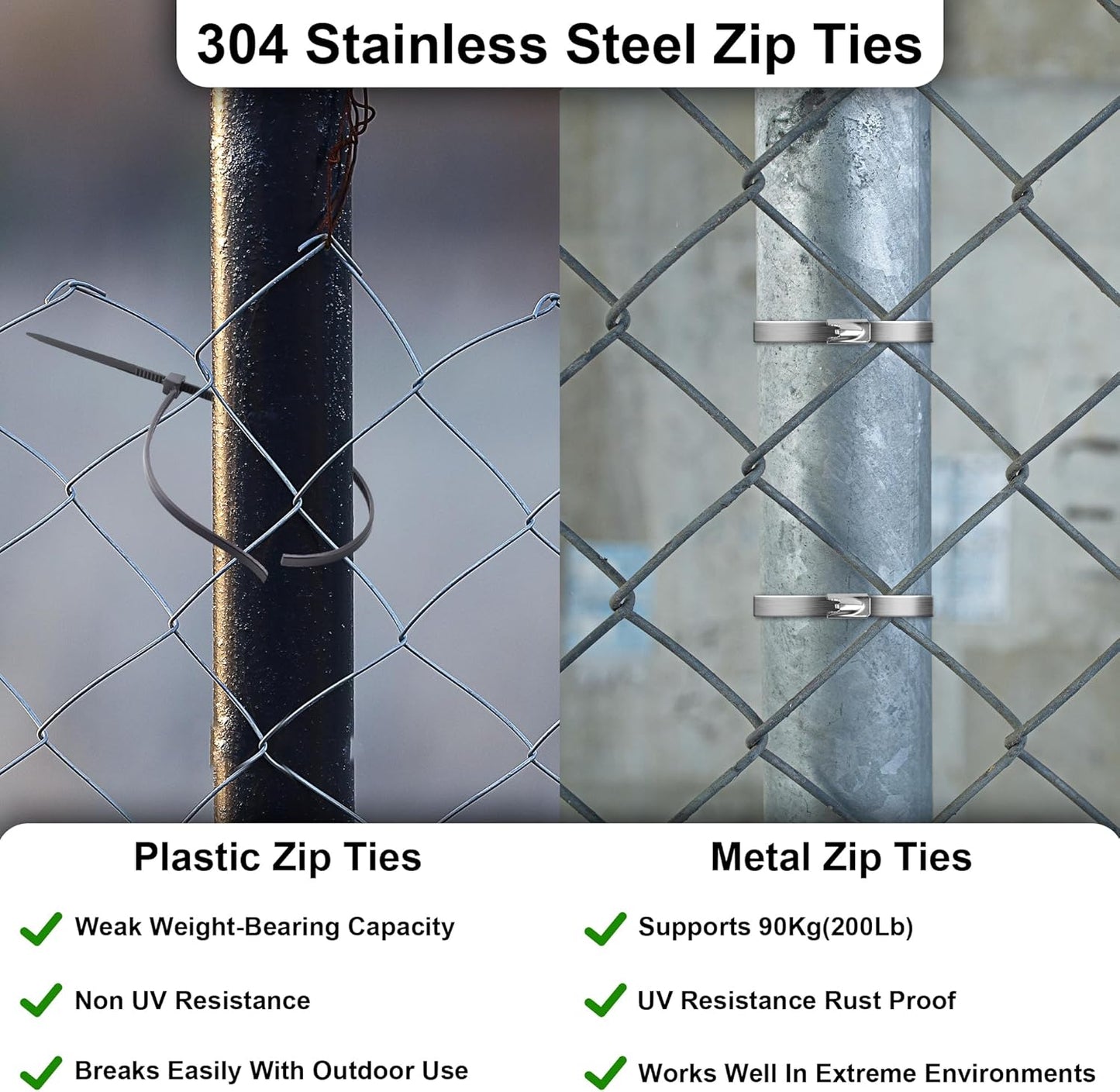 Stainless Steel Zip Ties 11.8 inch 500pcs, 304Stainless Steel Metal Zip Ties Multi-Purpose Heavy Duty Self-Locking Cable Ties for Machinery, Fence, Vehicles, Farms, Cables, Pipesas Well